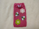 Handmade Knitted Phone Sleeve with Bee and Flower Patches, Green Cell Phone Sock, Cute Aesthetic Phone Pouch, Gift for Nature Lovers