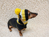 Multi-Color Striped Dog Snood: Hand-Knit Pom-Pom Beanie for Dachshunds