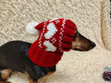 Dog hat print designer handmade festive holiday clothes pet beanie costume, warm winter cap for dachshund with pompom