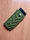 Cozy Cable Knit Phone Cover, Cream White Knitted Phone Pouch with Wooden Button, Protective Smartphone Sleeve, Winter Tech Gift