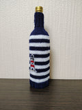Nautical Knitted Wine Bottle Cover – Lighthouse & Anchor Striped Bottle Sweater, Handmade Coastal Kitchen Decor, Unique Beach House Gift