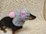 Dog hat pig print designer handmade festive holiday clothes pet beanie costume, warm winter cap for dachshund with pompom