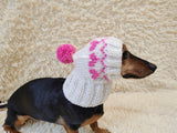 Dog hat with hearts with pom-pom, Handmade pet clothing Warm winter beanie for dachshund closed ears, fogs lover gift