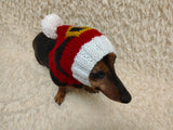 Santa Dog Hat PomPom, Designer Pet Party Clothes outfit, Warm Winter knitted Dachshund cap with Pattern, gift for dogs lover