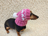 Dog hat with hearts with pom-pom, Handmade pet clothing Warm winter beanie for dachshund closed ears, fogs lover gift