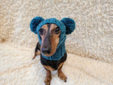 Hand-Knitted Dachshund Snood with Pompoms, Funny Dog Hat for Small Breeds, Animal Style Knitted Dog Hood, Cozy Dachshund Winter Headwear