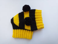 Knitted bee cap for small dog with handmade pompoms - dachshundknit