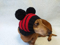 Black hat with red stripes for dog with two pompoms dachshundknit