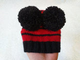 Black hat with red stripes for dog with two pompoms dachshundknit