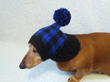 Knitted check hat for dachshund or small dog