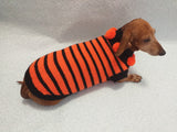 Orange and black striped knitted sweater with pompoms for dachshund or small dog dachshundknit