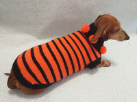 Orange and black striped knitted sweater with pompoms for dachshund or small dog dachshundknit