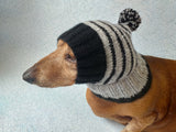 Striped black with gray hat for dog with pompom