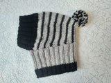 Striped black with gray hat for dog with pompom