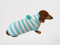 Knitted dachshund sweater with striped hood and pompom, hoodie for dachshund dachshundknit