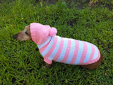 Knitted dachshund sweater with striped hood and pompom, hoodie for dachshund dachshundknit