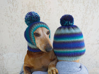 Mistress and dog set of knitted hats with pompom, women's hat and hat for dog