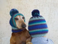 Mistress and dog set of knitted hats with pompom, women's hat and hat for dog