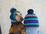 Mistress and dog set of knitted hats with pompom, women's hat and hat for dog