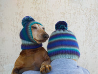 Mistress and dog set of knitted hats with pompom, women's hat and hat for dog