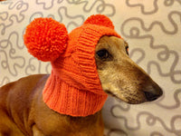 Bright orange knitted hat for dachshund or small dogs with two pom poms, dog clothes hat with two pom poms dachshundknit