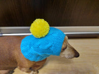 Blue hat with yellow pompom for small dogs, dog clothes hat with pompom, dachshund hat with pompom - dachshundknit