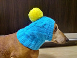 Blue hat with yellow pompom for small dogs, dog clothes hat with pompom, dachshund hat with pompom - dachshundknit