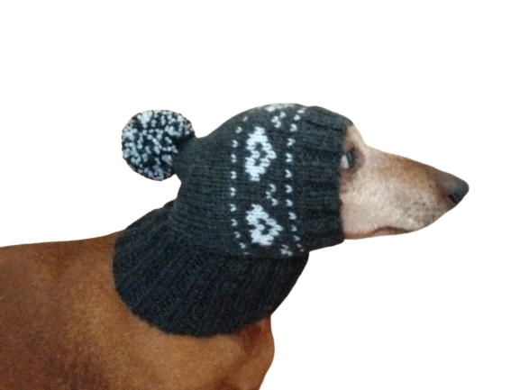 Gray handmade winter knitted hat with hearts for dogs