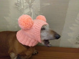 Dachshund clothes pink two pom pom hat, dog pom pom hat, clothes pom pom hat for small dogs dachshundknit