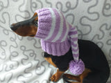 Lilac with white stripes hat for a dog with a pompom