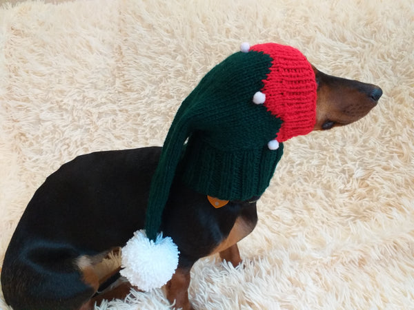 Knitted clothes for dog Christmas elf hat with pompom. dachshundknit