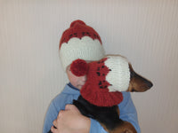 Christmas chanterelles in a set of hats for mom and dog, a set of hats with a fox for the hostess and a pet dachshundknit