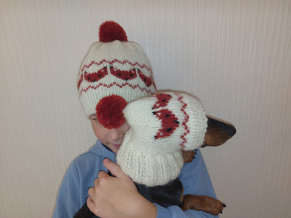 Christmas chanterelles in a set of hats for mom and dog, a set of hats with a fox for the hostess and a pet dachshundknit