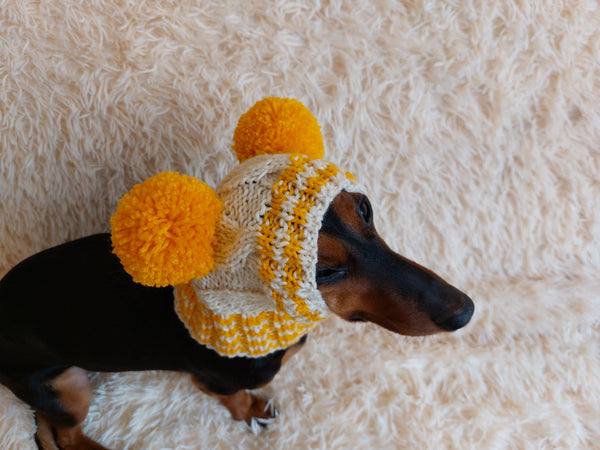 Winter hat for a dog with handmade pom-poms dachshundknit