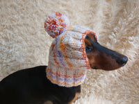 Warm winter snood hat for a dog with a pom-pom dachshundknit