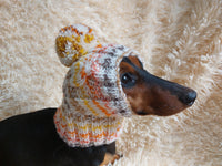 Warm winter snood hat for a dog with a pom-pom dachshundknit