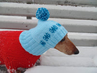 Blue knitted hat with snowflakes Christmas for small dog or cat - dachshundknit