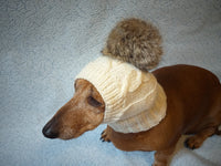 Dog hat knitted with natural pompom - dachshundknit