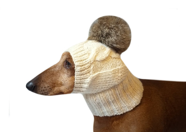 Dog hat knitted with natural pompom - dachshundknit