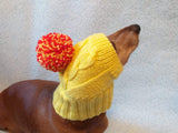 Dog hat yellow knitted with big pompom dachshundknit