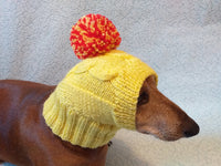 Dog hat yellow knitted with big pompom dachshundknit