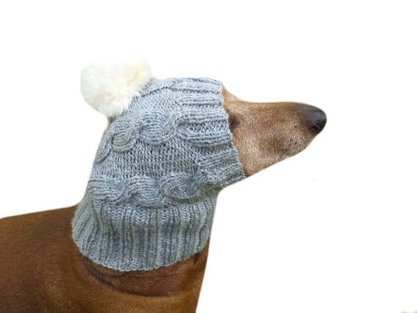 Gray dog hat knitted with natural pompom - dachshundknit