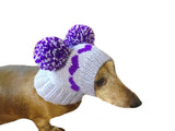 Knitted purple hat with two pom-poms for mini dachshunds or small dogs - dachshundknit
