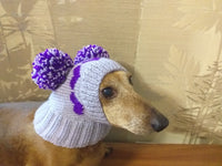 Knitted purple hat with two pom-poms for mini dachshunds or small dogs - dachshundknit