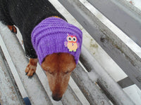 Purple knitted hat with an owl for dog or cat - dachshundknit