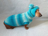 Warm blue suit sweater and hat for dog, clothes for dachshunds - dachshundknit