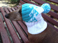 White and blue winter hat for dog or cat - dachshundknit